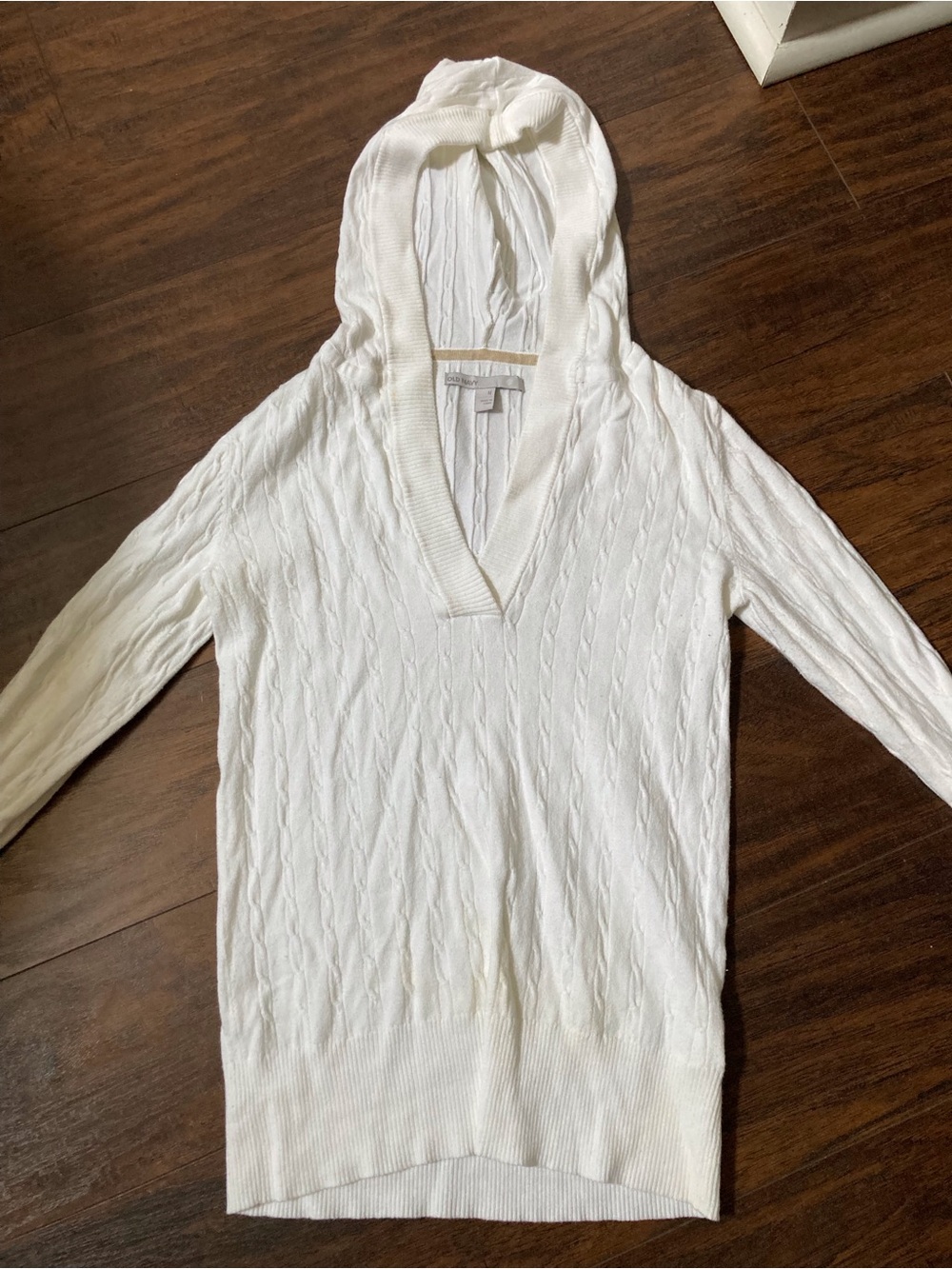 Old Navy White Cable Knit Hooded V-Neck Sweater